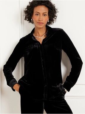 NWT Talbots Effortless Black Velvet Button Down Shirt Long Sleeve Size Large